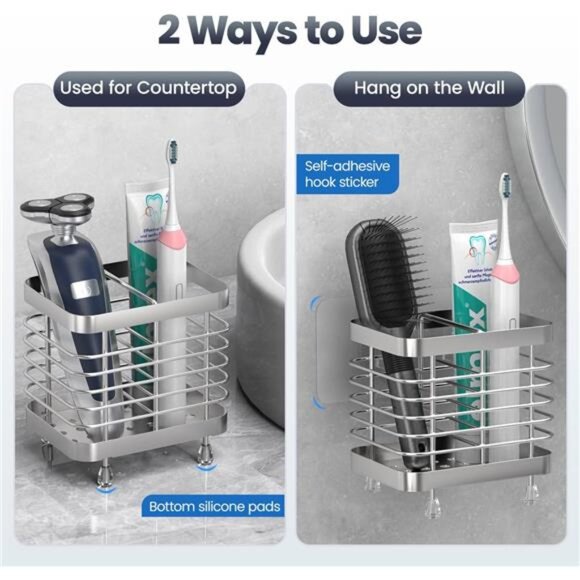 Stainless Steel Toothbrush Holder Wall Mounted Countertop Bathroom Organizer - Picture 4 of 7